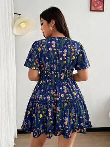 Vionelle Plus Size Women's Vacation Chiffon Printed Ruffle Sleeve Lettuce Edge Dress - Navy Blue - View 2