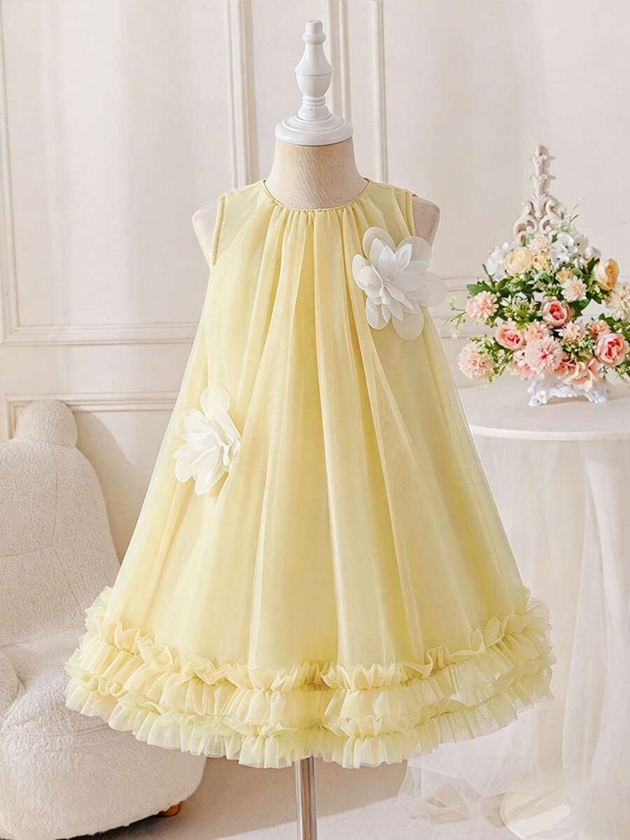 SHEIN Glamorique Kids 女童夏季綠色無袖碎花洋裝,甜美可愛風格,優雅且 - 黃色 - 查看 1