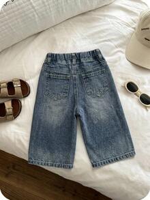 SHEIN Celana Jeans Denim Kasual Serbaguna untuk Bayi Laki-laki dengan Pinggang Elastis dan Saku, Cocok untuk Aktivitas Sehari-hari. - Medium Wash - View 2
