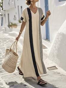Isle Nomé Women's Fashion Casual Black And White Colorblock Asymmetric Stripe Mid-Sleeve Loose Long Maxi Dress Spring Summer Bohemian Vacation Slouchy V-Neck - Multicolor - View 1