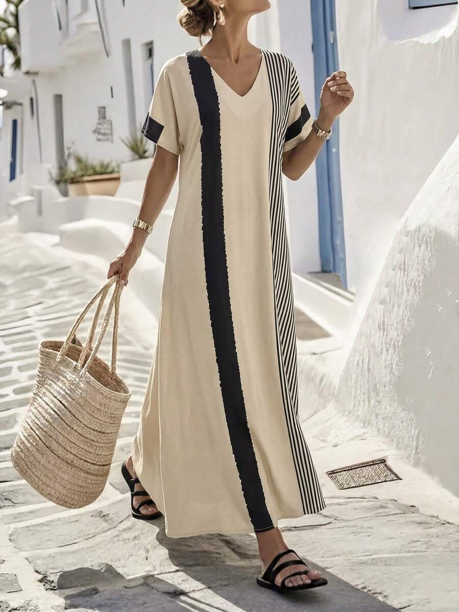 Isle Nomé Women's Fashion Casual Black And White Colorblock Asymmetric Stripe Mid-Sleeve Loose Long Maxi Dress Spring Summer Bohemian Vacation Slouchy V-Neck - Multicolor - View 1
