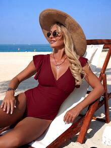 Swim Lushoire Traje de baño de una pieza para mujer con mangas con volantes, cuello en V profundo, cuello superpuesto y fruncido - Burdeos - Ver 5