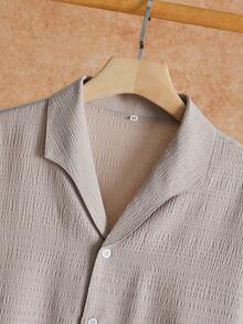 VENTUSAIL Men's Solid Color Textured Cuban Collar Casual Vacation Short Sleeve Shirt And Elastic Waist Pants Set - Apricot - View 3