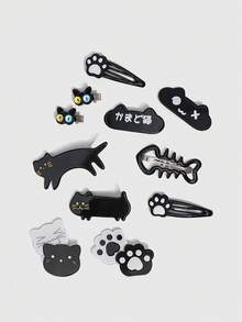 ROMWE Anime 11件組可愛黑貓髮夾套組，貓爪與魚骨BB夾，瀏海髮夾，適合返校、畢業典禮與音樂祭 - 彩色6 - 查看 6