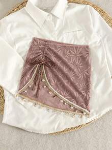 Swim Lushoire Women's Summer Beach Vacation Drawstring Ruched Starfish Shell Tassel Solid Color Special Texture Fabric Split Hem Skirt - Pink - View 7