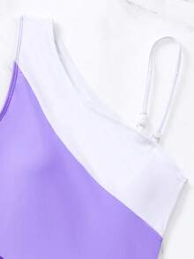 SHEIN Swim 度假海灘拼色拼接式一件式泳衣 - 紫色 - 查看 5