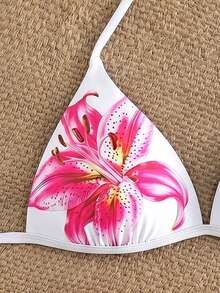 Swim Vcay 女款最新時尚沙灘裝，度假休閒，粉色百合花卉印花掛脖綁帶比基尼上衣套裝，優雅性感夏季女士泳裝 - 白色 - 查看 4