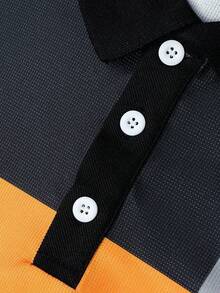 Manfinity Homme 男士撞色条纹图案 Polo 衫，秋季款，长袖上衣 - 橘色 - 查看 8