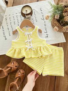 Conjunto de 2 piezas de top de tirantes de cuello redondo a rayas de punto y pantalones cortos para bebé niña - Mostaza Amarilla - Ver 5