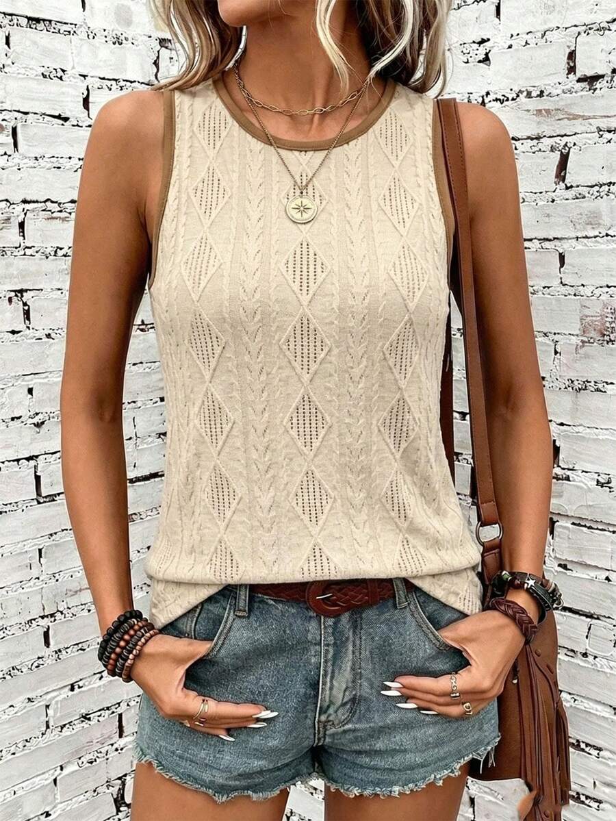 SHEIN LUNE Women's Textured Patterned Fabric Beige Tank Top, Versatile Summer Style Vacation Boho - Coffee Brown - View 1