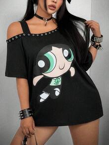 Whyspr THE POWERPUFF GIRLS X SHEIN 大码女式宽松休闲不对称吊带上衣，饰有军官印花和浪漫花卉印花，适合休闲、度假和浪漫约会。 - 黑色 - 查看 1