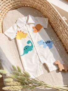 SHEIN Vintaside Kids Bộ romper bé trai tay ngắn cổ bẻ họa tiết động vật dễ thương màu mơ, mở phía trước, romper cổ bẻ mùa hè cho bé, phù hợp cho mùa xuân và mùa hè, phù hợp cho 3M-24M - Màu be - Xem 5