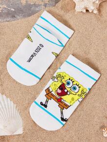 SpongeBob SquarePants | SHEIN 2雙兒童棉質柔軟透氣吸濕T-襪，可愛卡通圖案，加強腳趾與腳跟，耐穿，中性款，適合學校與戶外活動，冬夏皆宜，Patrick，絕佳禮物 - 白色 - 查看 3