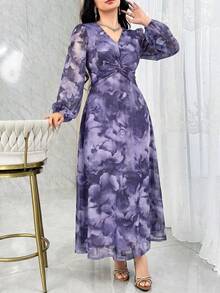 Modelyn Women's Floral Print V-Neck Lantern Sleeve Waist Twist Elegant Long Dress Holiday Light Blue Floral Autumn - Purple - View 4