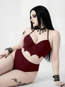 ROMWE 2026 New Gothic Goth Punk Plus Size Women's Bat Wave Edge Design One-Piece Swimwear Set Beach Summer - Burgundy - View 3