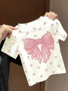 [Random 5Sets, Send 1 Set]Chance Of Getting 1 Set!! Young Girl Round Neck T-Shirt With Bow Decal - White - View 8