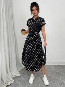 SHEIN Raffinéa 女款休閒度假旅行豹紋前扣鈕扣腰帶蝴蝶結口袋側開衩 2025 夏季新款短袖長洋裝 - 黑色 - 查看 3