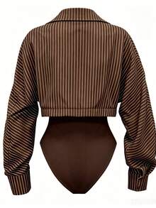 INAWLY Casual Women's Long Sleeve Shirt 2 In 1 Bodysuit - Coffee Brown - View 2