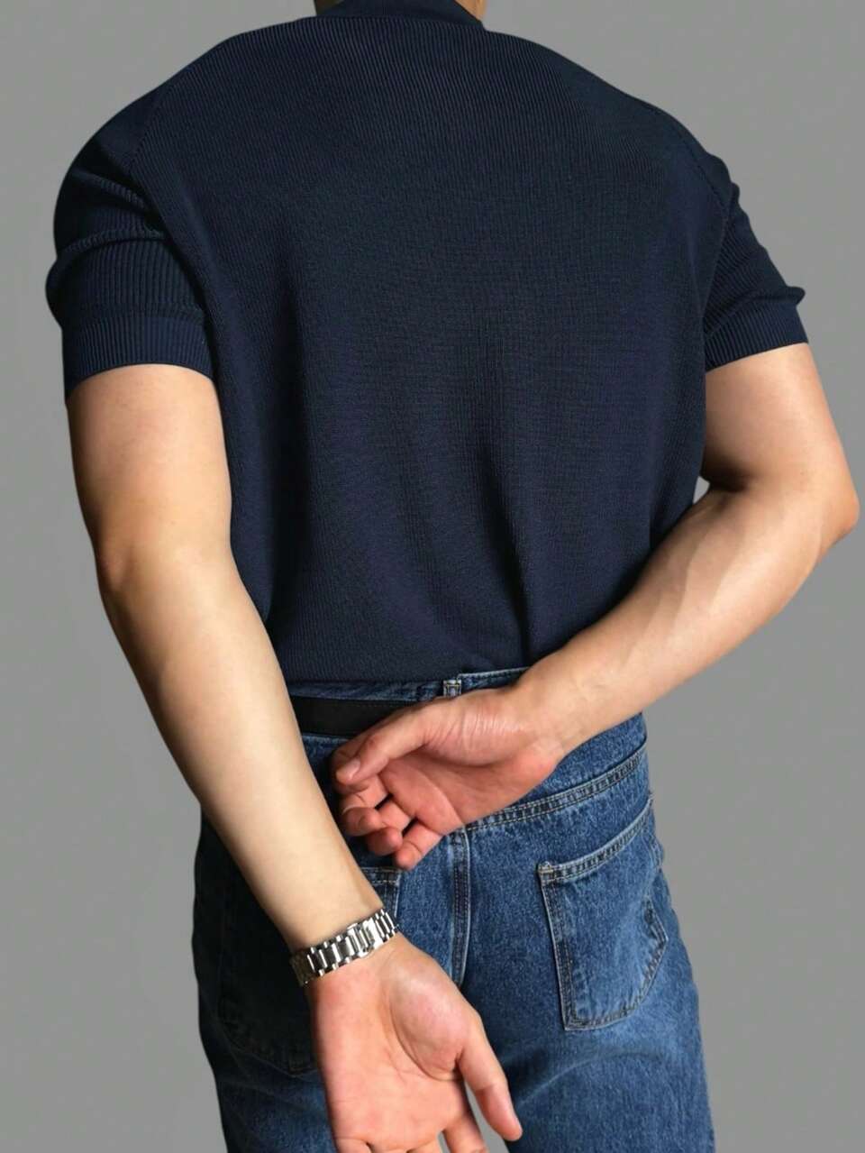 Summer Solid Color Polo Collar Navy Blue Men's Knit Top