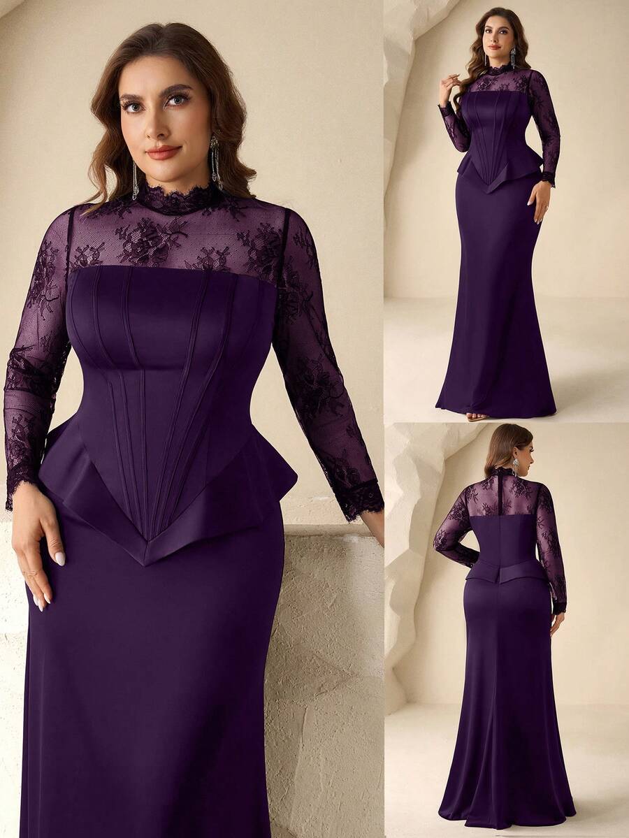 Coutiva 大码优雅撞色蕾丝荷叶边下摆正式晚礼服(装饰款) - 紫色 - 查看 1