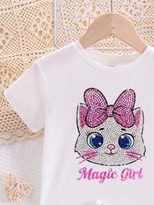 Tween Girl Casual Cute Shiny Textured Cartoon Kitty Cat Pattern, Pink And White Bow, Plaid, Round Neck Short Sleeve Shorts Loungewear For Summer - Multicolor - View 4