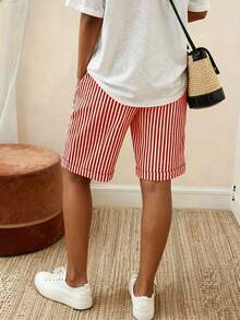 EMERY ROSE Women's Casual Vertical Striped Drawstring Waist Wide Leg Knee Length Shorts With Side Pockets - Red - View 2