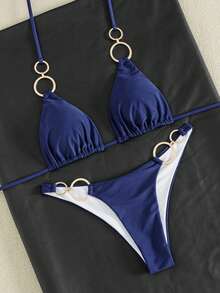 Swim SXY Vacation Beach Solid Color Two-Piece Swimsuit Set - Navy Blue - View 5