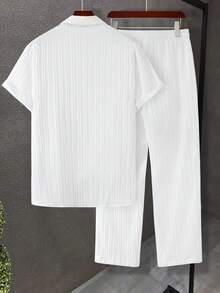 Manfinity Homme Men Solid Button Up Shirt & Drawstring Waist Pants Without Tee, Cozy Outfits - White - View 2