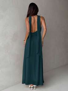 Aloruh Women's Yellow Cowl Neck A-Line Backless Dress With Straps - Teal Blue - View 2