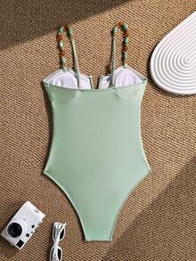 Swim Chiccia 女款春夏海灘度假優雅老錢風細肩帶純色不對稱珠飾飾邊百褶平胸式V領露背修身連身泳衣 - 綠色 - 查看 6