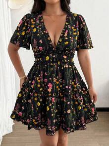 Vionelle Plus Size Women's Vacation Chiffon Printed Ruffle Sleeve Frill Trim Dress - Black - View 5