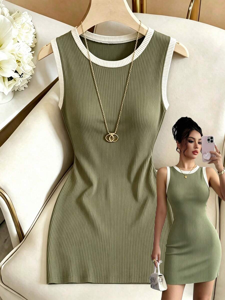Selianne Đầm ôm sát dệt kim phối viền tương phản phong cách Hàn Quốc, đầm ngắn không tay ôm dáng dành cho nữ. - Nhiều màu - Xem 1