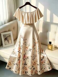 GlowEve CURVE Plus Size Women's Elegant Sleeveless Off-Shoulder Floral Print Dress, Off-Shoulder Ruffle Hem Floral Print Elegant Vacation Dress - Apricot - View 2
