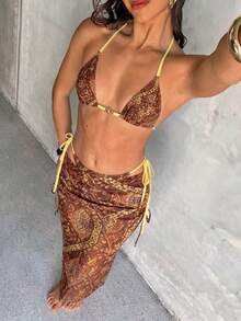 Aloruh 女款三件式泳裝套裝，春夏度假性感優雅浪漫復古印花金屬裝飾迷你三角杯掛脖綁帶上衣，迷你丁字褲底褲附超長裙罩衫，女款度假海灘比基尼套裝 - 彩色 - 查看 10