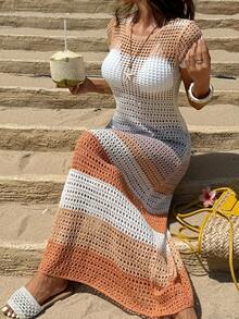 Livesso Women's Vacation Beach Colorblock Patchwork Hollow Knit Cover-Up Dress Summer - Multicolor - View 2