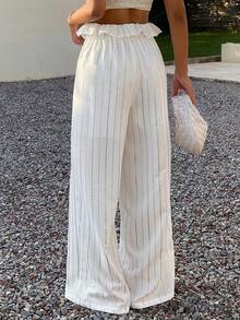 Livesso Women's Autumn Lace-Up Tie-Up Lace Patchwork Loose Casual Southern Street Wedding Beach Vacation Striped Straight Leg Casual Long Pants White And Gold - Beige - View 5