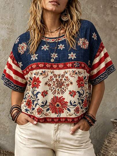 EMERY ROSE Camiseta de manga corta con bloques de color, rayas y estampado floral para el Día de la Independencia, talla grande