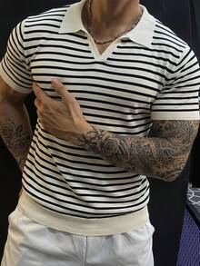 DAZY Summer Short Sleeve Striped Black And White Men's Plus Size Knit Top - Multicolor - View 5