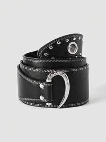 MortiRose 1pc Solid Color Punk Street PU Leather Heavy Rivet Curved Hook Rhinestone Chain Belt, Y2K American Baddie Fashion Punk Retro Style Waist Belt - Black - View 7