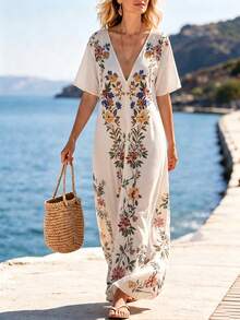 SHEIN Holidaya 時尚高端V領印花短袖性感女裝洋裝，女款春夏洋裝，度假、外出、Y2K、春季、夏季、返校季、休閒、沙灘、商務、百搭，杏色女裝洋裝 - 米色 - 查看 5