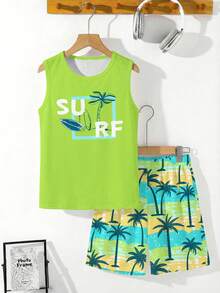 Tween Boy Casual Comfortable Fashion Minimalist Crew Neck Tank Top And Shorts Set Sets Squishy Vacation Beach Casual Cozy Graphic Tank Top Matchingset - White - View 2