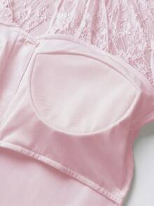 SHEIN Franclia V-Neck Contrast Lace Elegant Button Women's Top - Pink - View 4