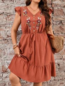 Rosumi Plus Size Women's Summer Casual Bohemian Boho Vacation Floral Embroidery Dress Country Going Out Dinner Business Daily Wear Ruffle Pastel - Redwood - View 2