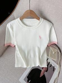 GlowEve 對比色條紋貼身馬術刺繡貼片短袖高腰百褶迷你裙女款毛衣兩件套 - 彩色 - 查看 4
