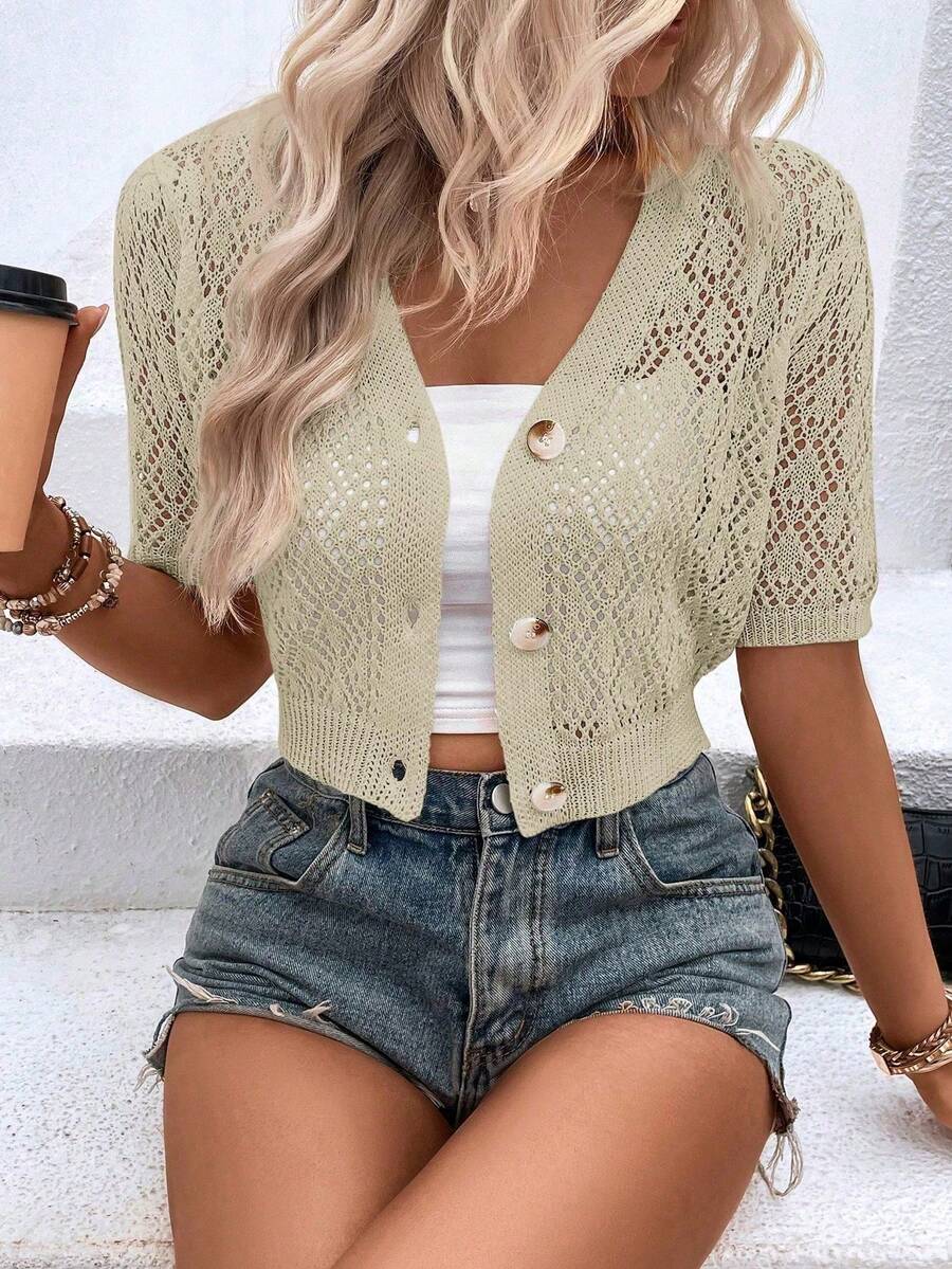 EMERY ROSE Women's Solid Color Short Sleeve Single Breasted Hollow Out Cardigan - Apricot - View 1