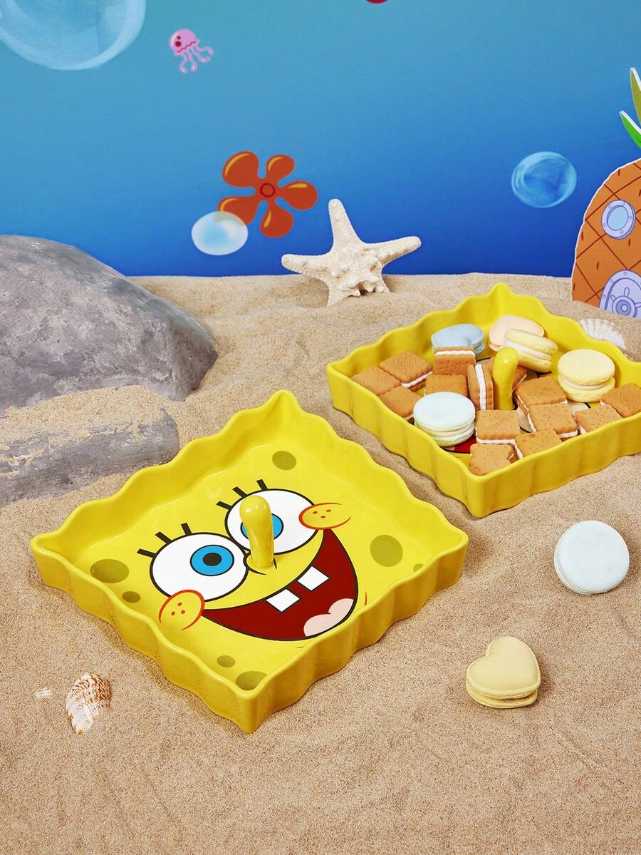 SpongeBob SquarePants | SHEIN 1個卡通造型陶瓷盤,陶瓷甜點盤,適用於甜點、水果、堅果、小食物,也可作為居家收納,收納鑰匙、珠寶等,適用於微波爐和洗碗機,附海綿 - 黃色 - 查看 1