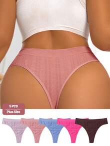 SHEIN 5 piezas Bragas tipo tanga sexys de punto acanalado sin costuras cómodas y básicas de color liso para mujer talla grande - Multicolor - Ver 3