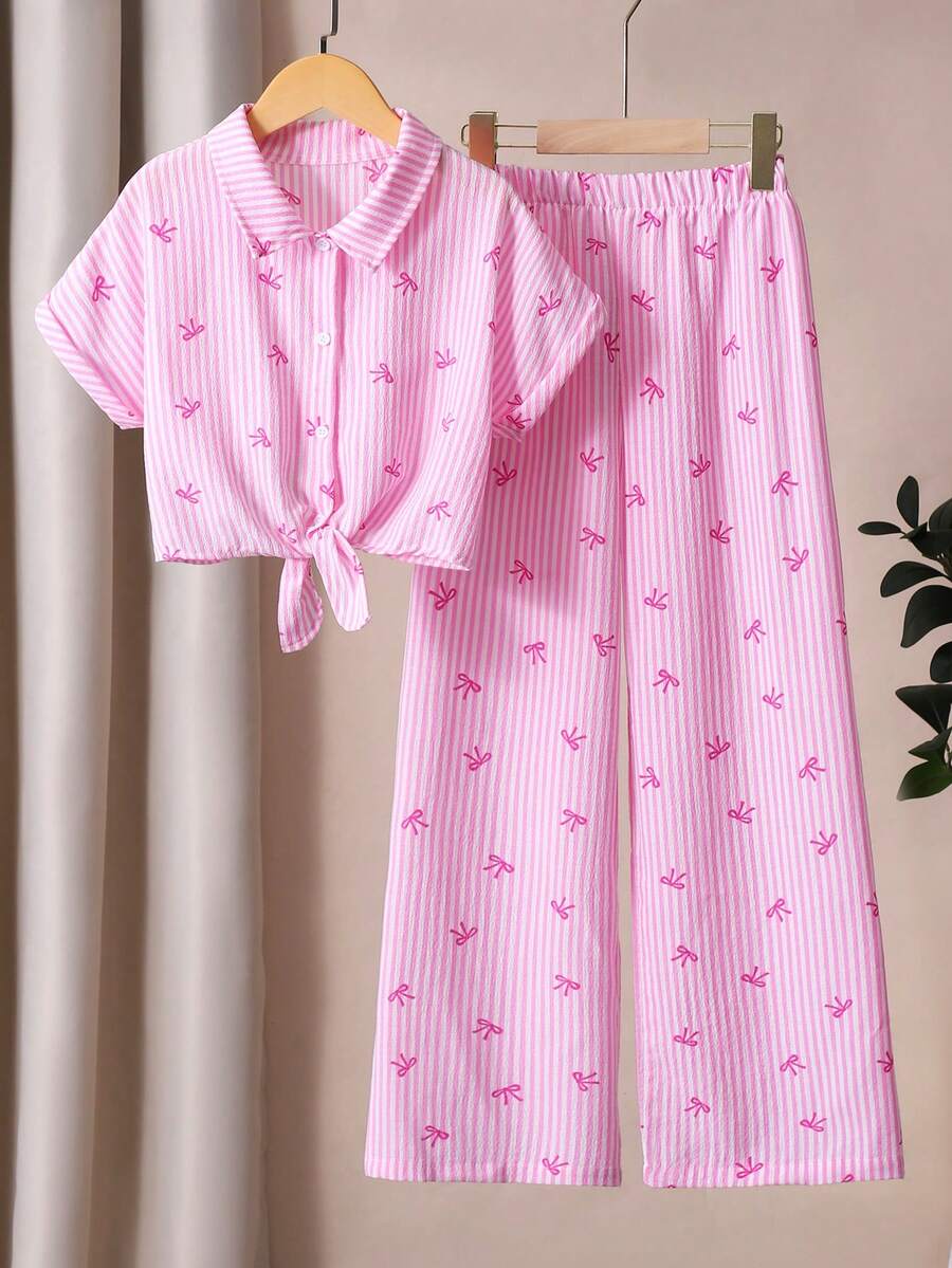 SHEIN Playful Pals 2件組少女條紋翻領無袖開襟上衣與直筒長褲套裝 - 彩色 - 查看 1