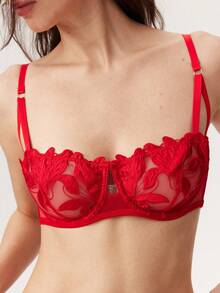 Elorette 2pcs Sexy Maple Leaf Lace Bralette Lingerie Set, Semi-Sheer - Red - View 7