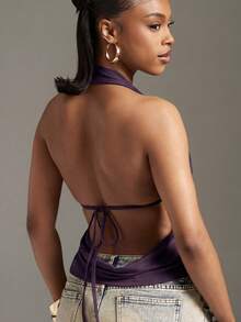 Denimoi Women's Solid Color Halter Neck Sexy Versatile Date & Outing Top - Purple - View 2